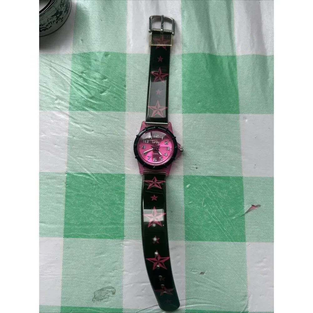 Lucky Pink Dial Black And Pink Star Band Kids Watch